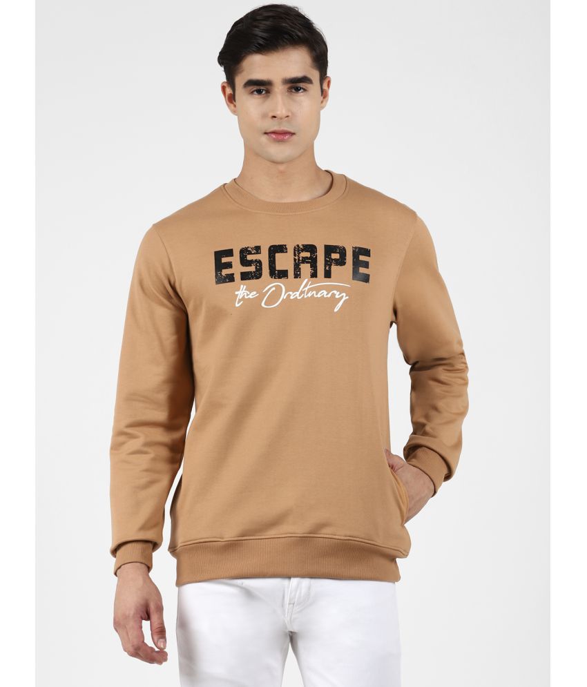 Men Regular Fit Text Print Full Sleeves Round Neck Fleece Sweatshirt-Beige
