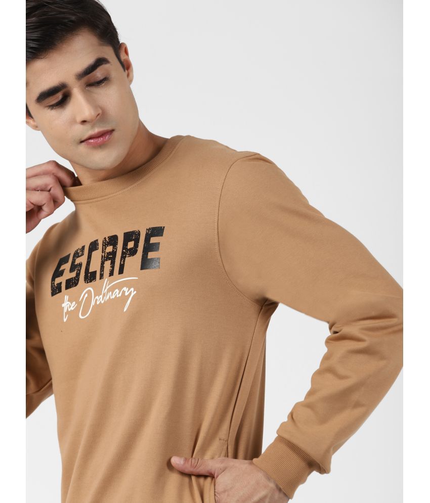 Men Regular Fit Text Print Full Sleeves Round Neck Fleece Sweatshirt-Beige