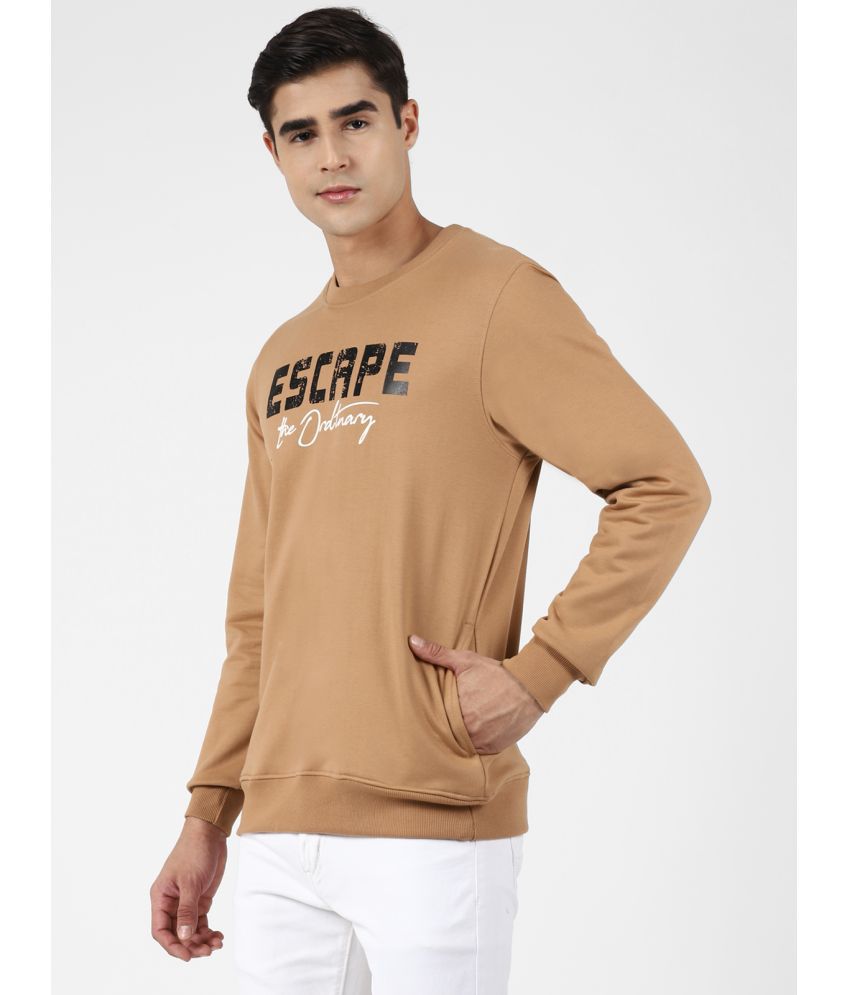 Men Regular Fit Text Print Full Sleeves Round Neck Fleece Sweatshirt-Beige