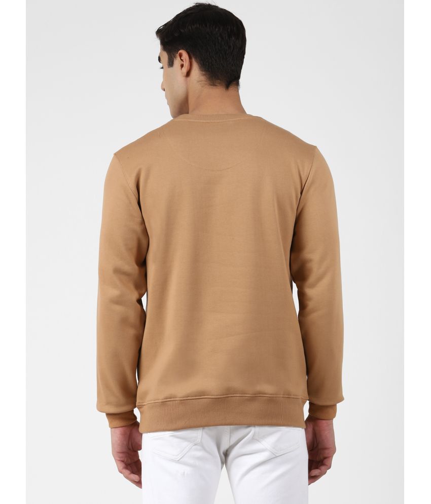 Men Regular Fit Text Print Full Sleeves Round Neck Fleece Sweatshirt-Beige