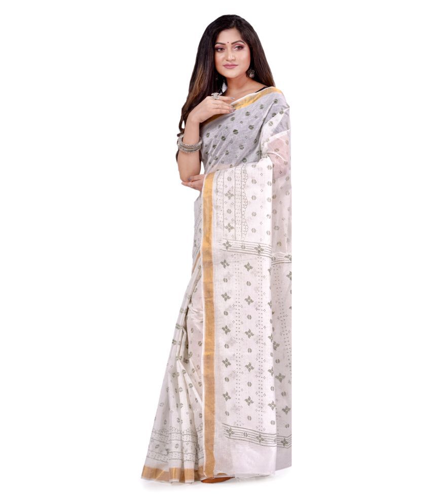 Desh Bidesh White Bengal Handloom Saree - Single