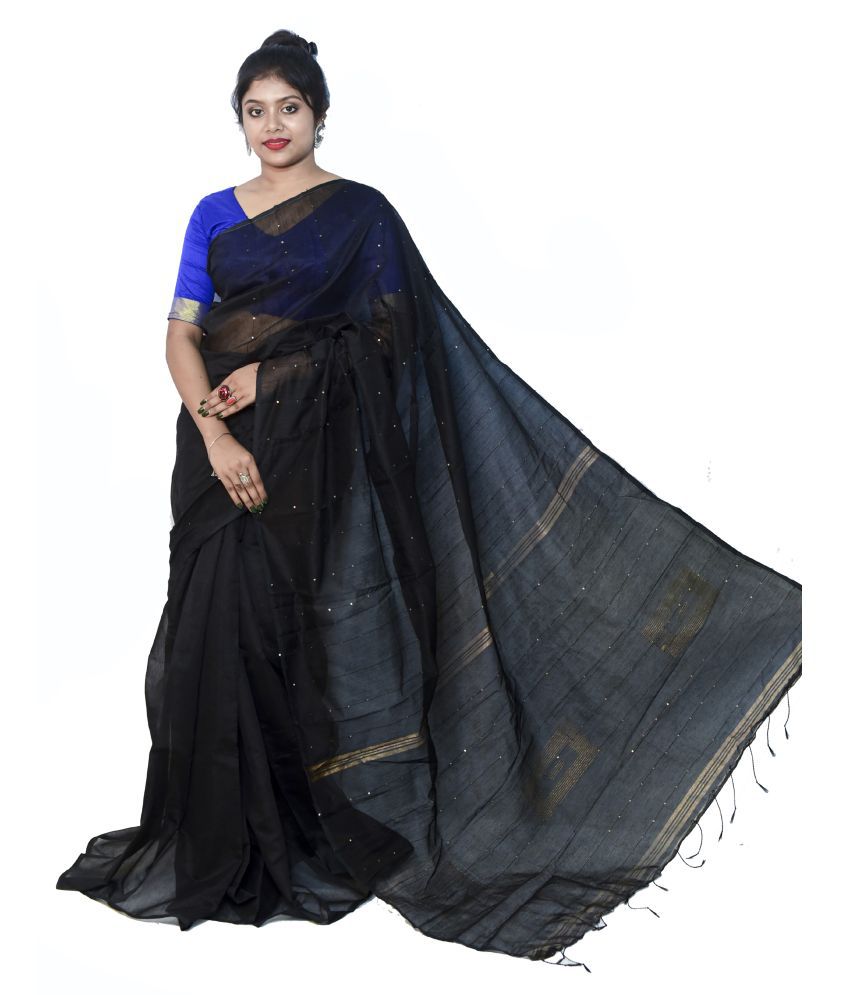 Handloom - Black Cotton Blend Saree With Blouse Piece