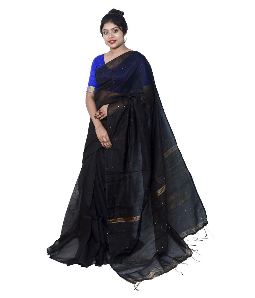 Handloom - Black Cotton Blend Saree With Blouse Piece