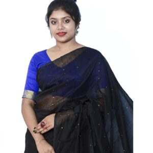 Handloom - Black Cotton Blend Saree With Blouse Piece