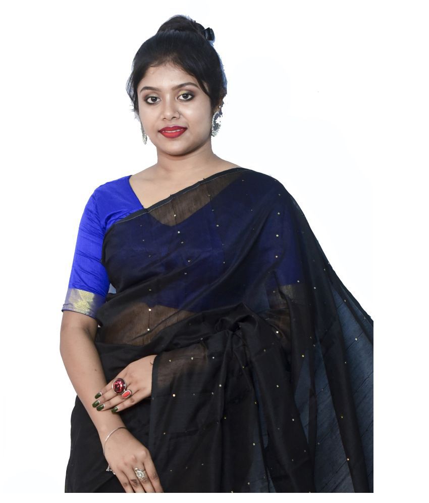 Handloom - Black Cotton Blend Saree With Blouse Piece