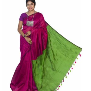 Handloom Green,Purple Cotton Silk Saree