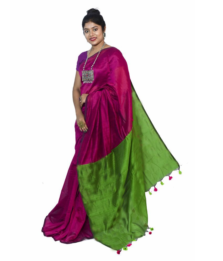 Handloom Green,Purple Cotton Silk Saree