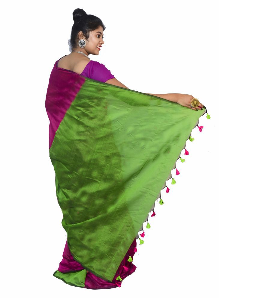 Handloom Green,Purple Cotton Silk Saree