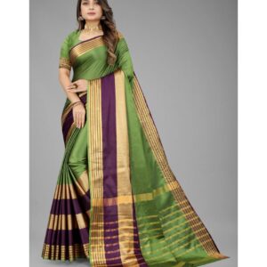 OFLINE SELCTION - Green Cotton Silk Saree With Blouse Piece