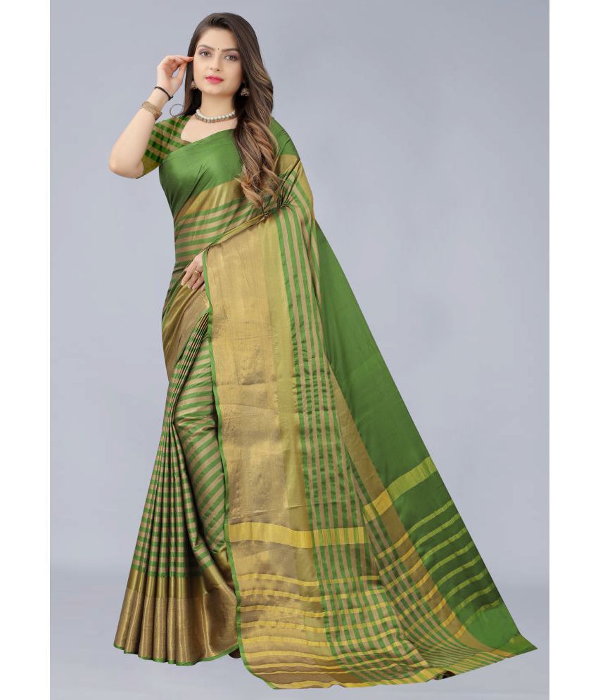 OFLINE SELCTION - Green Cotton Silk Saree With Blouse Piece