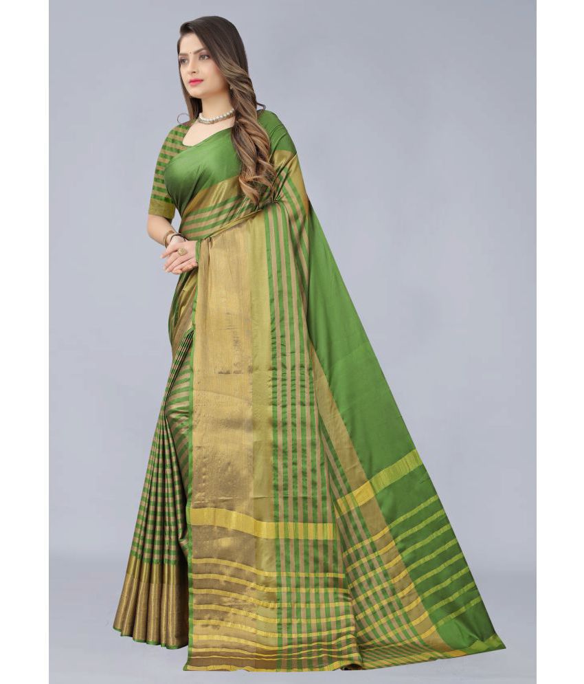 OFLINE SELCTION - Green Cotton Silk Saree With Blouse Piece