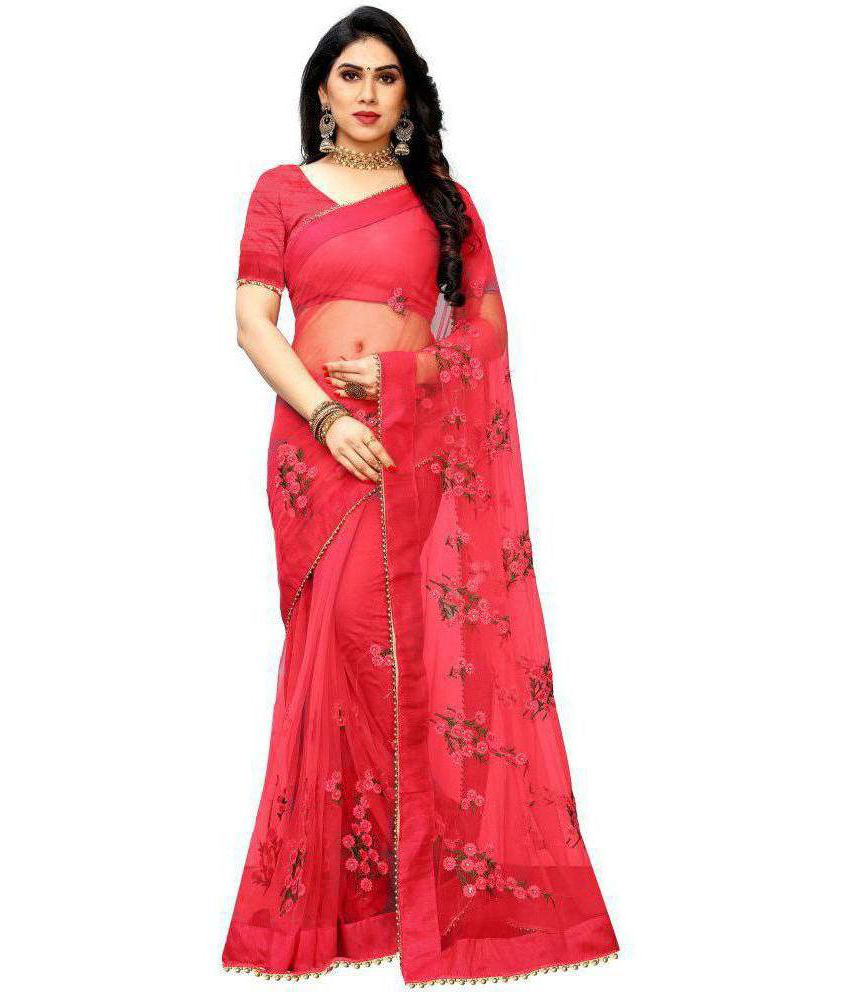 Fluorescent Pink Net Saree With Blouse Piece