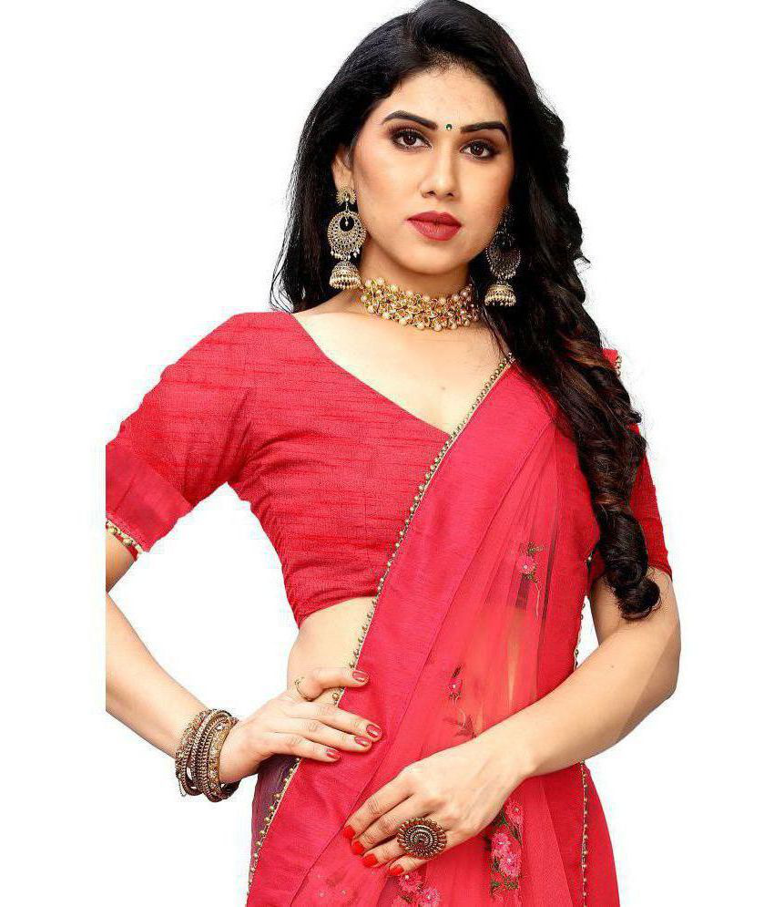 Fluorescent Pink Net Saree With Blouse Piece