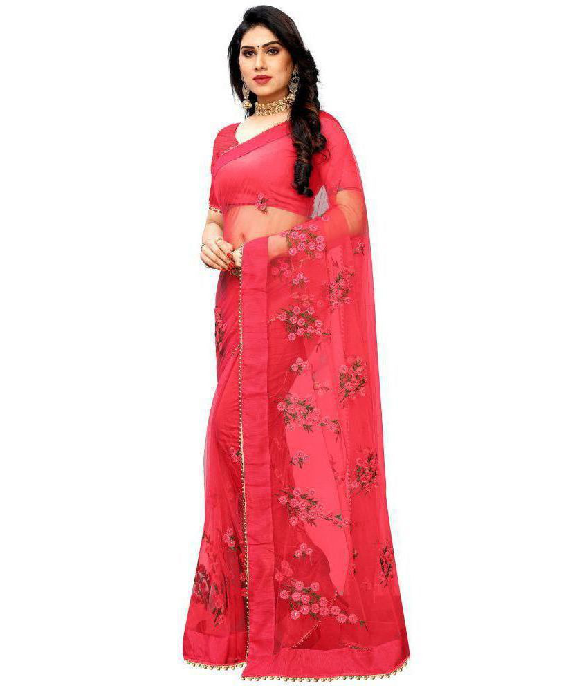 Fluorescent Pink Net Saree With Blouse Piece