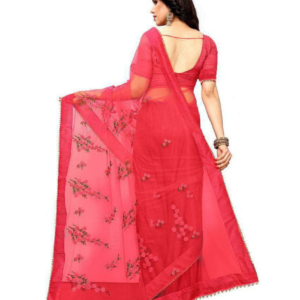 Fluorescent Pink Net Saree With Blouse Piece