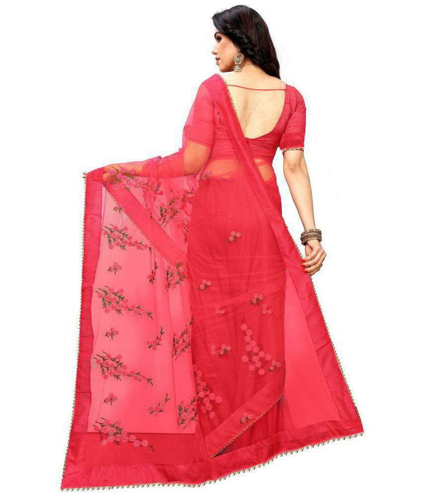 Fluorescent Pink Net Saree With Blouse Piece