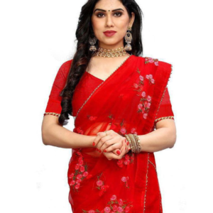 PATLANI STYLE - Red Net Saree With Blouse Piece