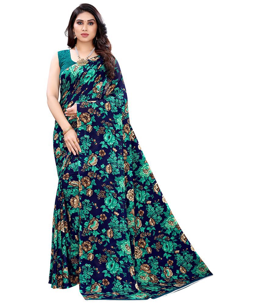 POSHYAA FASHION Blue Georgette Saree - Single