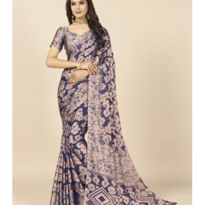 Rangita - Navy Blue Chiffon Saree With Blouse Piece
